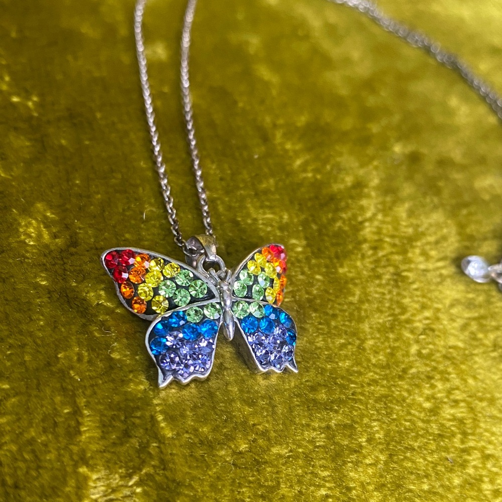 Y2k Core Rainbow Zirconia Crystal Butterfly Sterling Silver Necklace